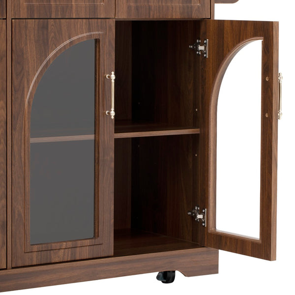 English Elm K&k Rolling Kitchen Island with Arched Glass Doors Drop Leaf and Built in Power Station Walnut Brown N707S000030Z