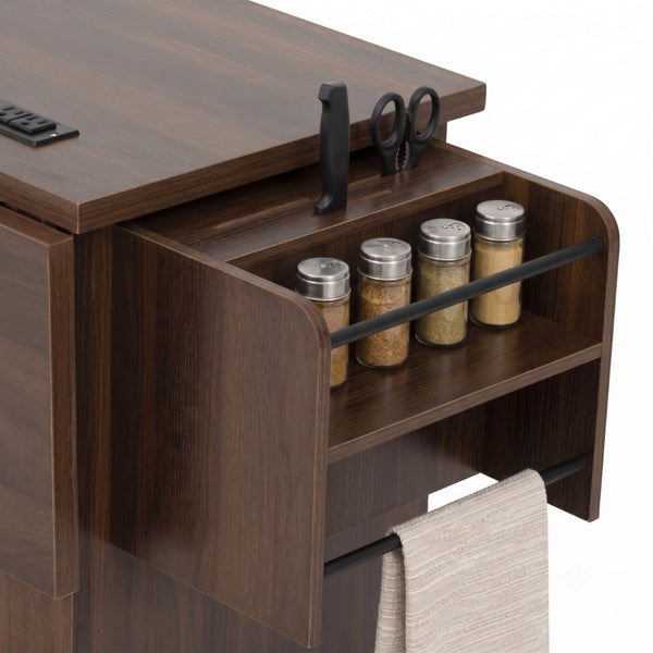 English Elm K&k Rolling Kitchen Island with Arched Glass Doors Drop Leaf and Built in Power Station Walnut Brown N707S000030Z