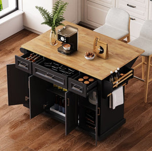 English Elm K&k Farmhouse Rolling Kitchen Island Rubberwood Drop Leaf Soft Close Storage Cart Black N707S000395B