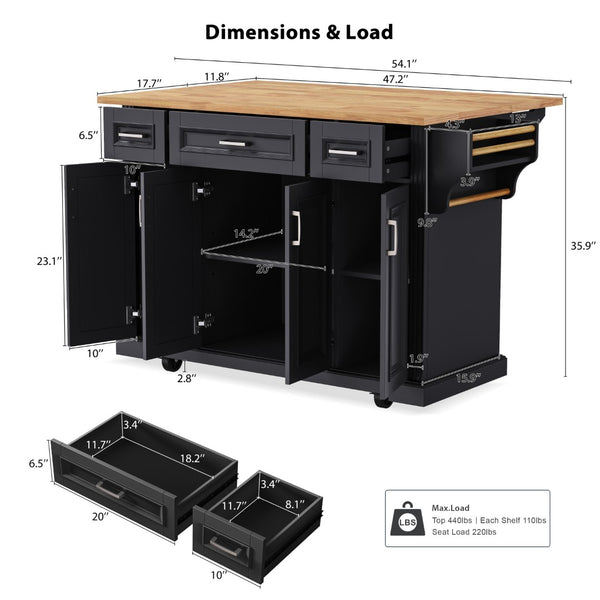 English Elm K&k Farmhouse Rolling Kitchen Island Rubberwood Drop Leaf Soft Close Storage Cart Black N707S000395B