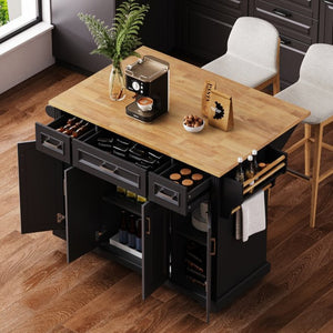 English Elm K&k Farmhouse Rolling Kitchen Island Rubberwood Drop Leaf Soft Close Storage Cart Black N707S000395B