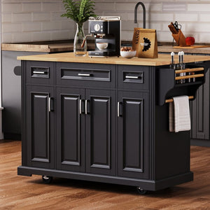 English Elm K&k Farmhouse Rolling Kitchen Island Rubberwood Drop Leaf Soft Close Storage Cart Black N707S000395B