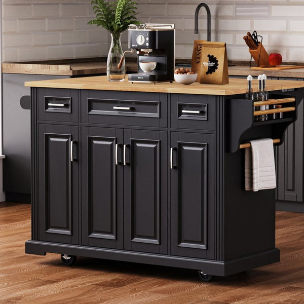 English Elm K&k Farmhouse Rolling Kitchen Island Rubberwood Drop Leaf Soft Close Storage Cart Black N707S000395B
