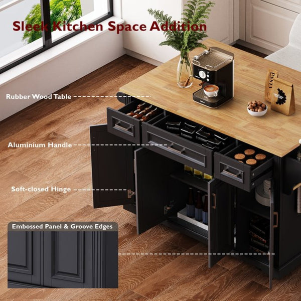English Elm K&k Farmhouse Rolling Kitchen Island Rubberwood Drop Leaf Soft Close Storage Cart Black N707S000395B