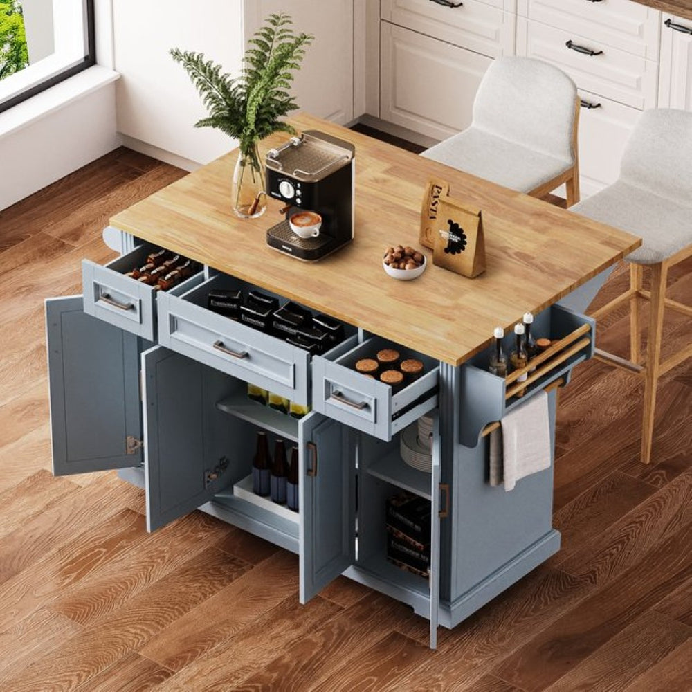 English Elm K&k Farmhouse Rolling Kitchen Island Rubberwood Drop Leaf Soft Close Storage Cart Grey Blue N707S000395G