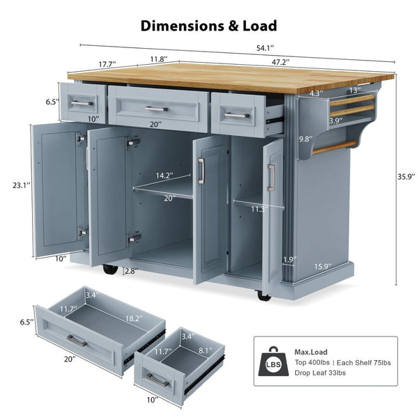 English Elm K&k Farmhouse Rolling Kitchen Island Rubberwood Drop Leaf Soft Close Storage Cart Grey Blue N707S000395G