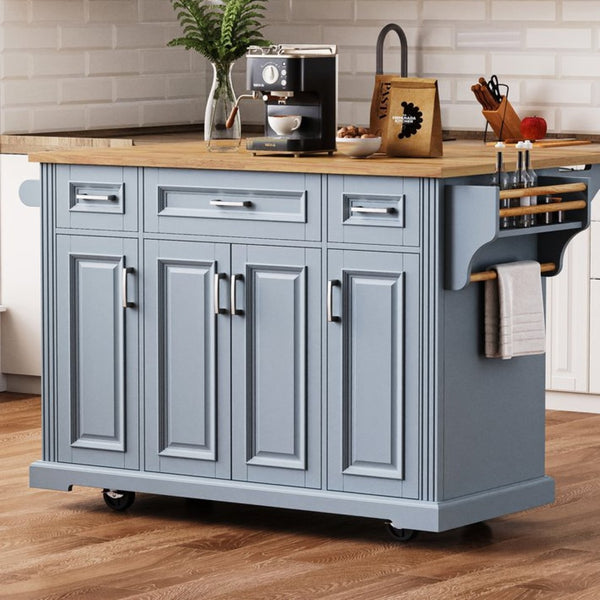 English Elm K&k Farmhouse Rolling Kitchen Island Rubberwood Drop Leaf Soft Close Storage Cart Grey Blue N707S000395G