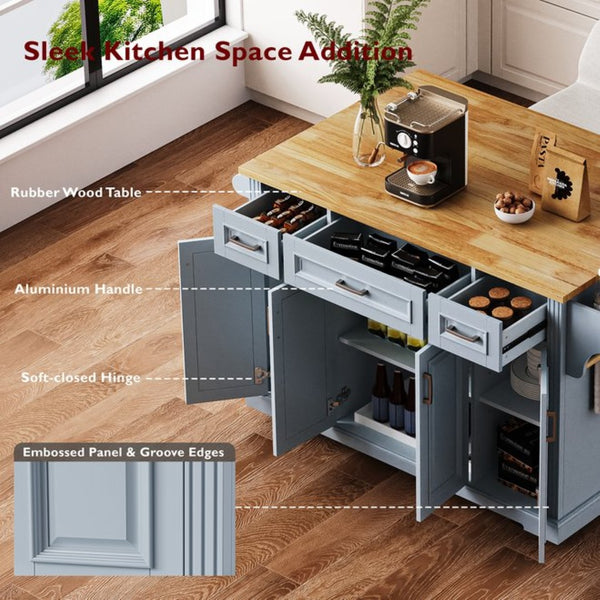 English Elm K&k Farmhouse Rolling Kitchen Island Rubberwood Drop Leaf Soft Close Storage Cart Grey Blue N707S000395G