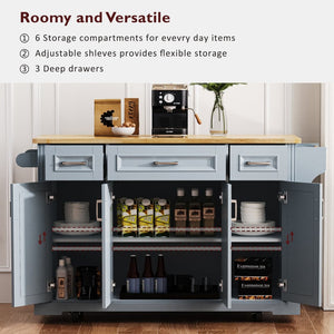 English Elm K&k Farmhouse Rolling Kitchen Island Rubberwood Drop Leaf Soft Close Storage Cart Grey Blue N707S000395G