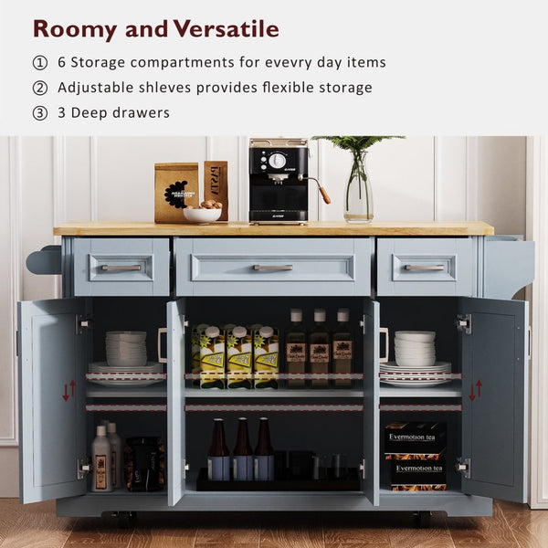English Elm K&k Farmhouse Rolling Kitchen Island Rubberwood Drop Leaf Soft Close Storage Cart Grey Blue N707S000395G