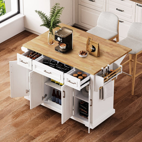 English Elm K&k Farmhouse Rolling Kitchen Island Rubberwood Drop Leaf Soft Close Storage Cart White N707S000395W