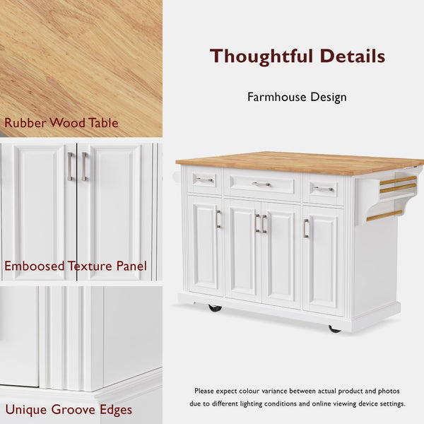 English Elm K&k Farmhouse Rolling Kitchen Island Rubberwood Drop Leaf Soft Close Storage Cart White N707S000395W