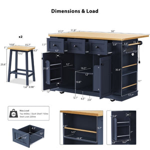 English Elm K&k 53 Inch Rolling Kitchen Island with Bar Stools Power Outlet and Barn Door Storage N707S003007N