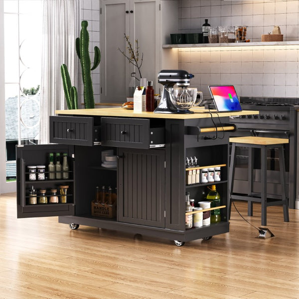 English Elm 48Inch Kitchen Island Set with Bar Stools Power Outlet Barn Door Storage on Wheels N707S004015B