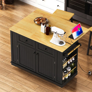 English Elm 48Inch Kitchen Island Set with Bar Stools Power Outlet Barn Door Storage on Wheels N707S004015B