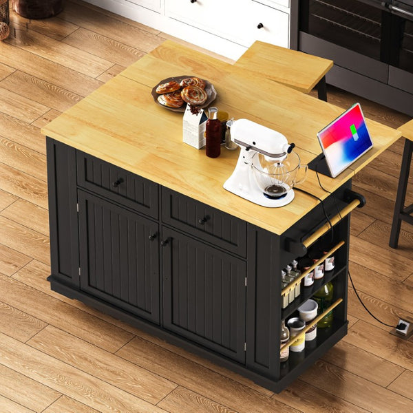 English Elm 48Inch Kitchen Island Set with Bar Stools Power Outlet Barn Door Storage on Wheels N707S004015B