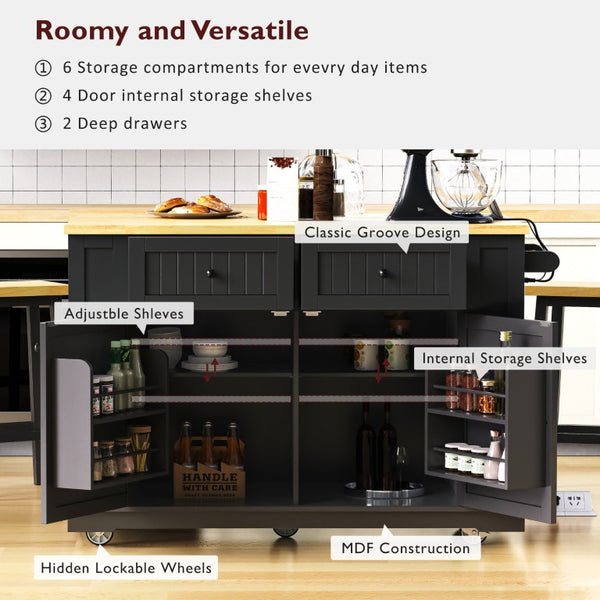 English Elm 48Inch Kitchen Island Set with Bar Stools Power Outlet Barn Door Storage on Wheels N707S004015B