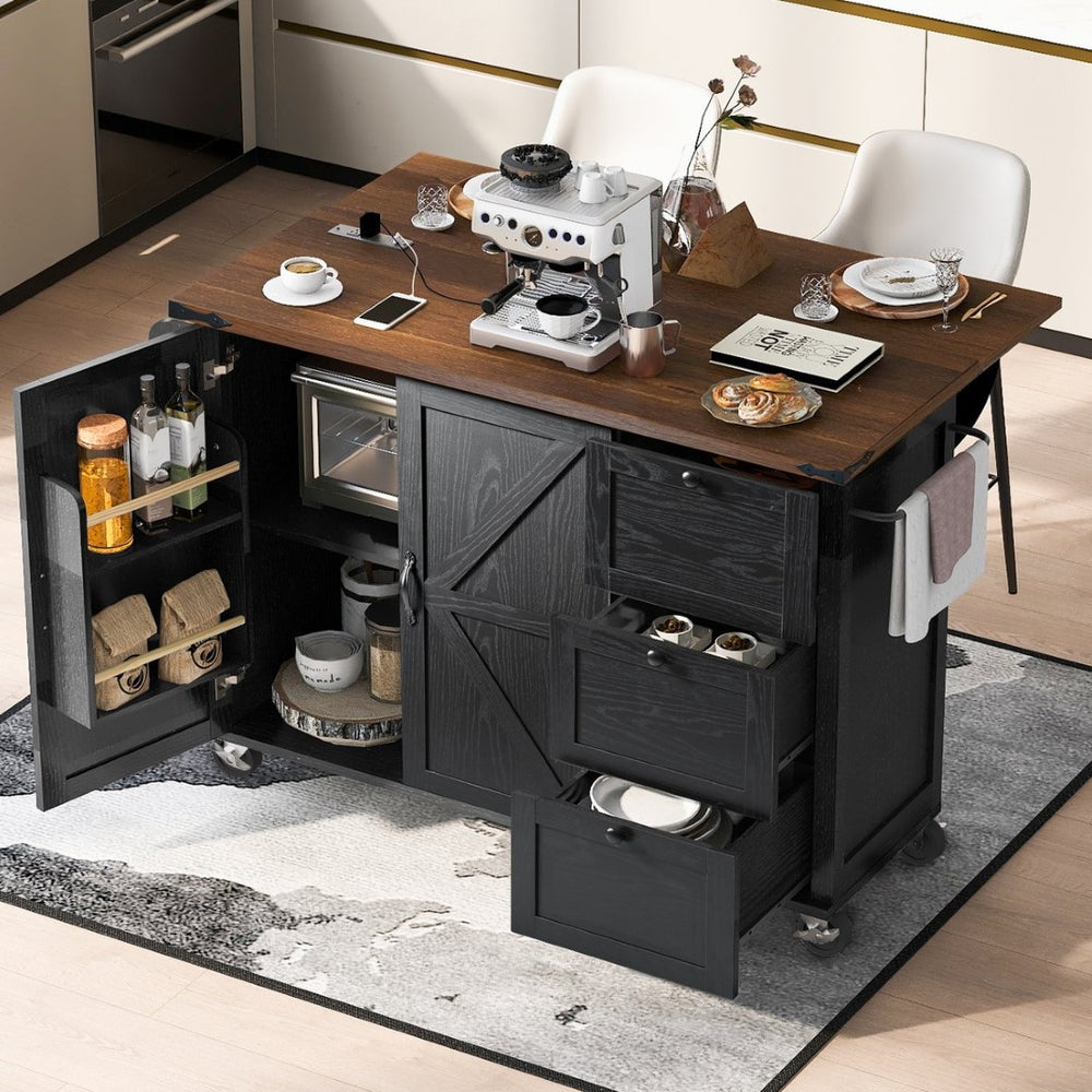 English Elm K&k Farmhouse Rolling Kitchen Island with Drop Leaf Barn Doors and Built-in Power Outlet Black N707S170349B