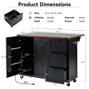 English Elm K&k Farmhouse Rolling Kitchen Island with Drop Leaf Barn Doors and Built-in Power Outlet Black N707S170349B