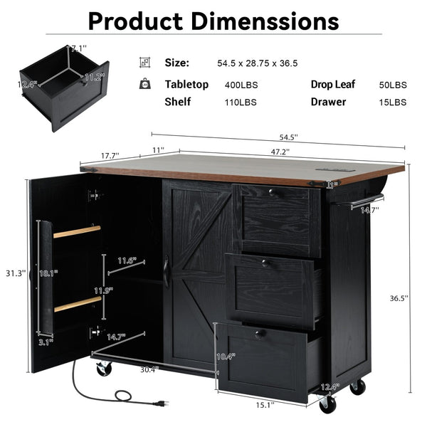 English Elm K&k Farmhouse Rolling Kitchen Island with Drop Leaf Barn Doors and Built-in Power Outlet Black N707S170349B