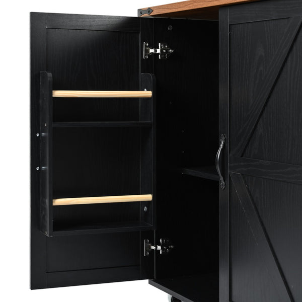English Elm K&k Farmhouse Rolling Kitchen Island with Drop Leaf Barn Doors and Built-in Power Outlet Black N707S170349B