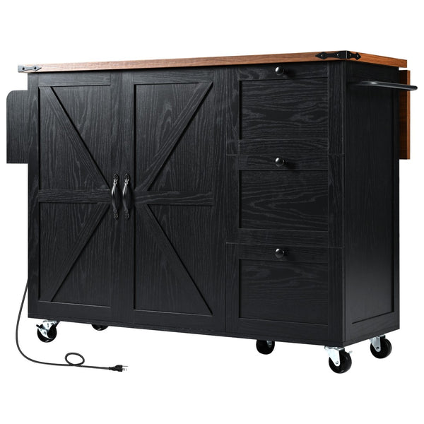 English Elm K&k Farmhouse Rolling Kitchen Island with Drop Leaf Barn Doors and Built-in Power Outlet Black N707S170349B