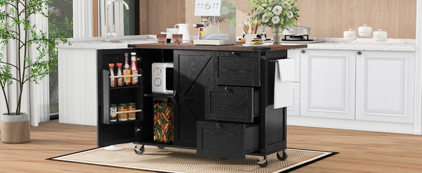 English Elm K&k Farmhouse Rolling Kitchen Island with Drop Leaf Barn Doors and Built-in Power Outlet Black N707S170349B
