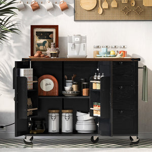 English Elm K&k Farmhouse Rolling Kitchen Island with Drop Leaf Barn Doors and Built-in Power Outlet Black N707S170349B