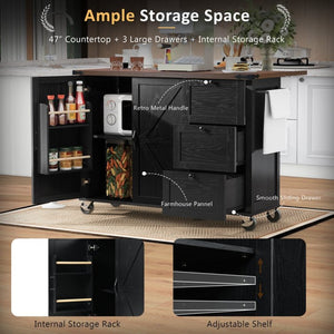 English Elm K&k Farmhouse Rolling Kitchen Island with Drop Leaf Barn Doors and Built-in Power Outlet Black N707S170349B