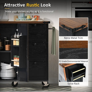 English Elm K&k Farmhouse Rolling Kitchen Island with Drop Leaf Barn Doors and Built-in Power Outlet Black N707S170349B