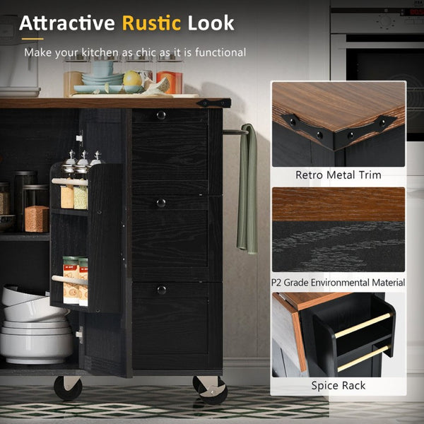 English Elm K&k Farmhouse Rolling Kitchen Island with Drop Leaf Barn Doors and Built-in Power Outlet Black N707S170349B