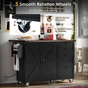 English Elm K&k Farmhouse Rolling Kitchen Island with Drop Leaf Barn Doors and Built-in Power Outlet Black N707S170349B