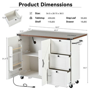English Elm K&k Farmhouse Rolling Kitchen Island with Drop Leaf Barn Doors and Built-in Power Outlet White N707S170349W