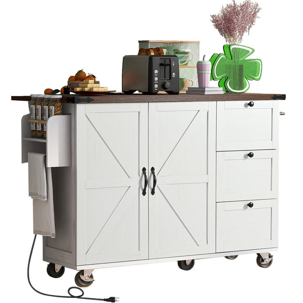 English Elm K&k Farmhouse Rolling Kitchen Island with Drop Leaf Barn Doors and Built-in Power Outlet White N707S170349W