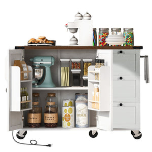 English Elm K&k Farmhouse Rolling Kitchen Island with Drop Leaf Barn Doors and Built-in Power Outlet White N707S170349W