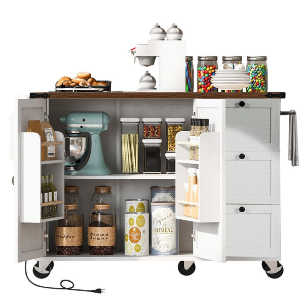 English Elm K&k Farmhouse Rolling Kitchen Island with Drop Leaf Barn Doors and Built-in Power Outlet White N707S170349W