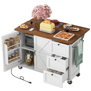 English Elm K&k Farmhouse Rolling Kitchen Island with Drop Leaf Barn Doors and Built-in Power Outlet White N707S170349W