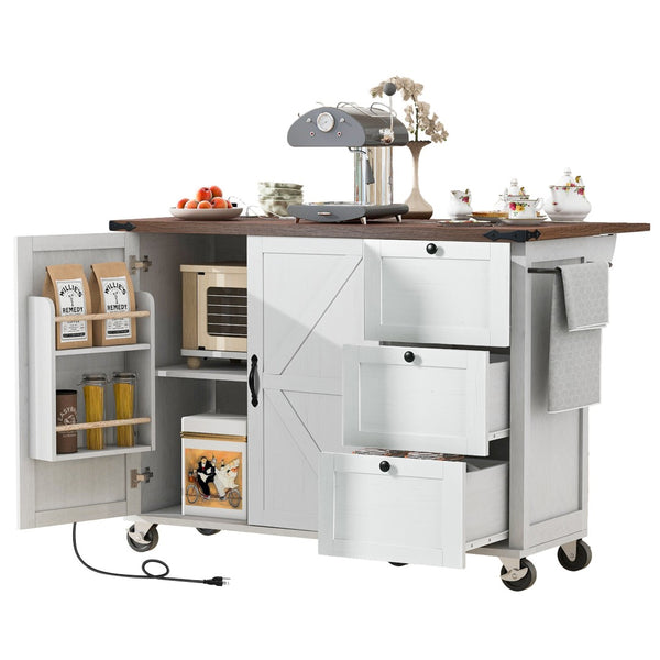 English Elm K&k Farmhouse Rolling Kitchen Island with Drop Leaf Barn Doors and Built-in Power Outlet White N707S170349W