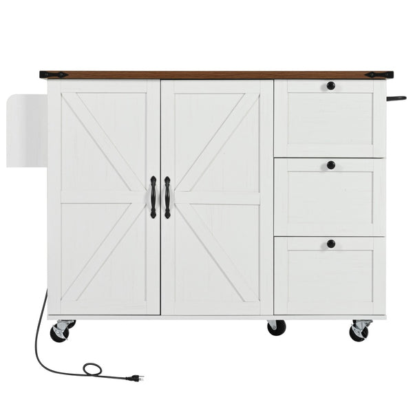 English Elm K&k Farmhouse Rolling Kitchen Island with Drop Leaf Barn Doors and Built-in Power Outlet White N707S170349W