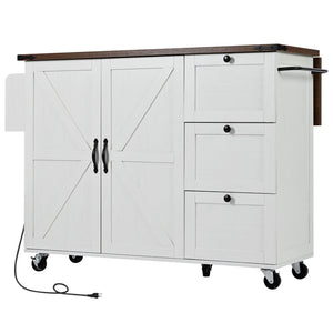 English Elm K&k Farmhouse Rolling Kitchen Island with Drop Leaf Barn Doors and Built-in Power Outlet White N707S170349W