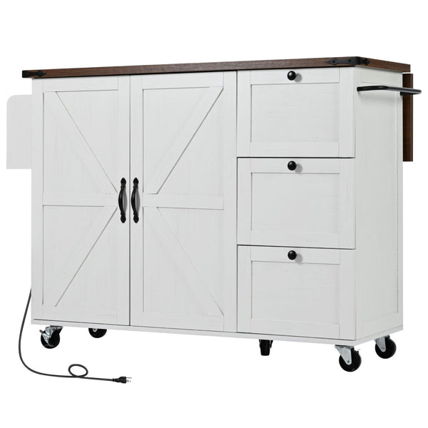 English Elm K&k Farmhouse Rolling Kitchen Island with Drop Leaf Barn Doors and Built-in Power Outlet White N707S170349W