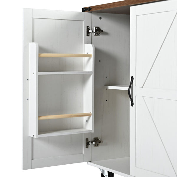 English Elm K&k Farmhouse Rolling Kitchen Island with Drop Leaf Barn Doors and Built-in Power Outlet White N707S170349W