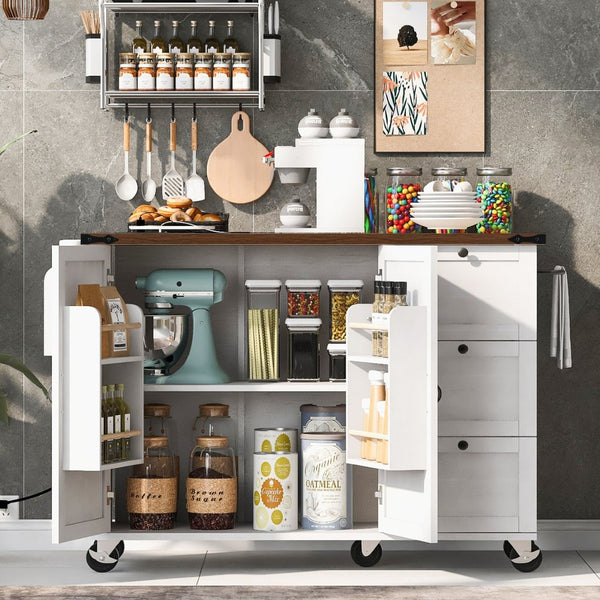 English Elm K&k Farmhouse Rolling Kitchen Island with Drop Leaf Barn Doors and Built-in Power Outlet White N707S170349W