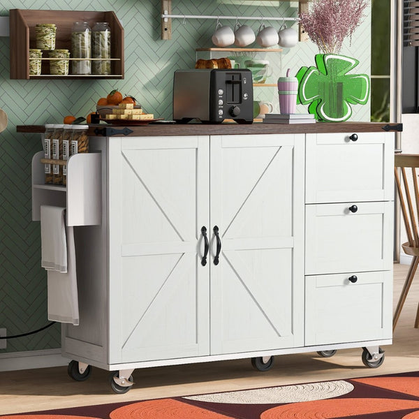 English Elm K&k Farmhouse Rolling Kitchen Island with Drop Leaf Barn Doors and Built-in Power Outlet White N707S170349W
