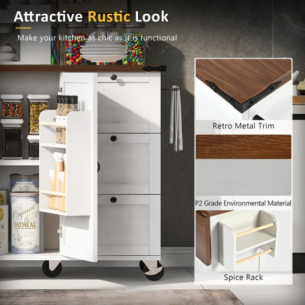 English Elm K&k Farmhouse Rolling Kitchen Island with Drop Leaf Barn Doors and Built-in Power Outlet White N707S170349W
