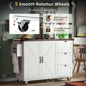 English Elm K&k Farmhouse Rolling Kitchen Island with Drop Leaf Barn Doors and Built-in Power Outlet White N707S170349W