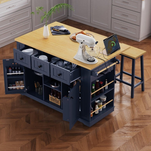 English Elm K&k 53 Inch Rolling Kitchen Island with Power Outlet Drop Leaf and Barn Door Storage N707S185531N