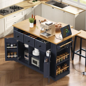 English Elm K&k 53 Inch Rolling Kitchen Island with Power Outlet Drop Leaf and Barn Door Storage N707S185531N