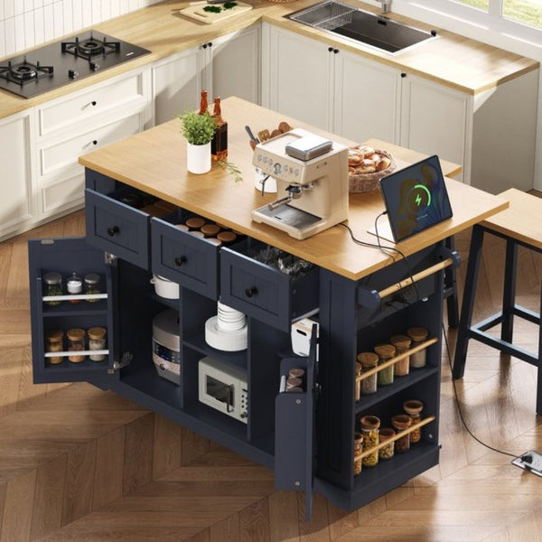 English Elm K&k 53 Inch Rolling Kitchen Island with Power Outlet Drop Leaf and Barn Door Storage N707S185531N