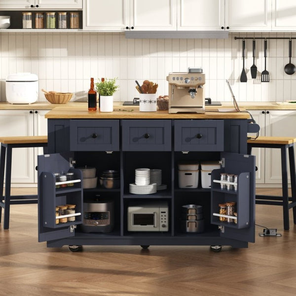 English Elm K&k 53 Inch Rolling Kitchen Island with Power Outlet Drop Leaf and Barn Door Storage N707S185531N